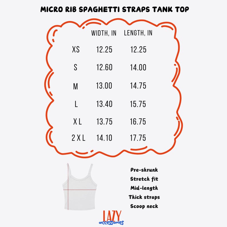 Pu&ograve; includere: Canotta bianca a micro costine con spalline sottili e tabella taglie. La tabella mostra le misure di larghezza e lunghezza in pollici per le taglie XS-2XL. Caratteristiche: pre-ristretto, vestibilit&agrave; elasticizzata, lunghezza media, spalline spesse e scollo tondo.