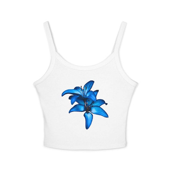Royal Blue Hibiscus Design Tank Top, Spaghetti Strap Scoop Neck