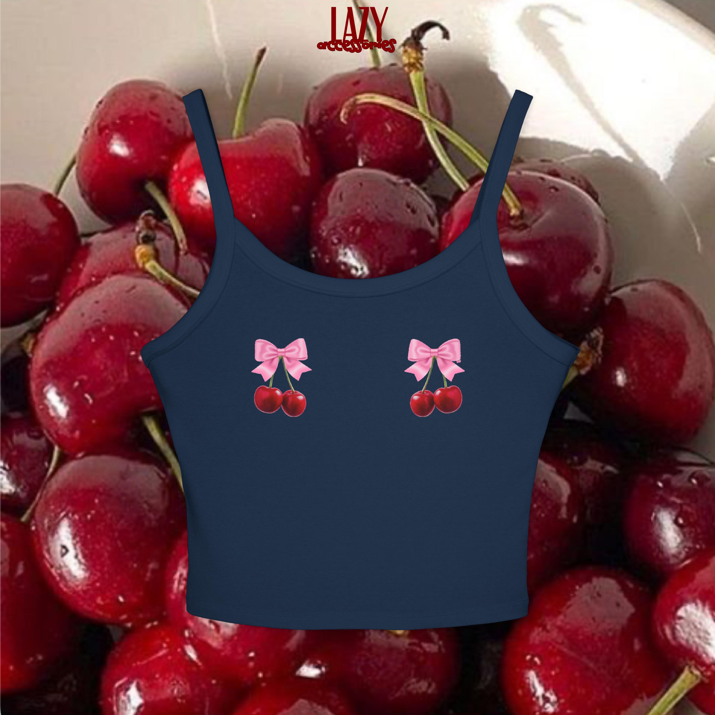 Cherries With Bows Spaghetti Strap Tank Top, Cherry Bow Crop Tank