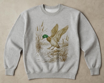 Sweter retro z motywem dzikiej kaczki, sweter dla miłośników kaczek, okrągły dekolt w stylu rustykalnym w stylu boho, koszula w stylu natury z lat 90.