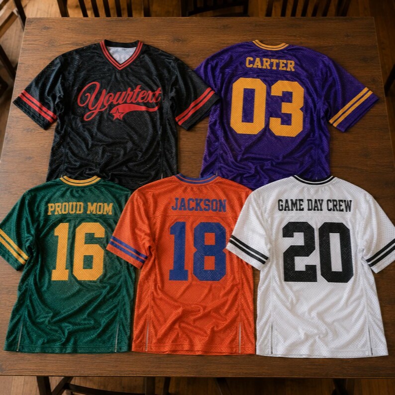 May include: Five short-sleeved mesh jerseys in black, purple, green, orange, and white. The black jersey features red text reading Yourtext. The purple jersey has yellow text reading CARTER 03. The green jersey has yellow text reading PROUD MOM 16. The orange jersey has blue text reading JACKSON 18. The white jersey has black text reading GAME DAY CREW 20.