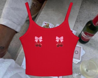 Cherries With Bows Spaghetti Strap Tank Top, Cherry Bow Crop Tank
