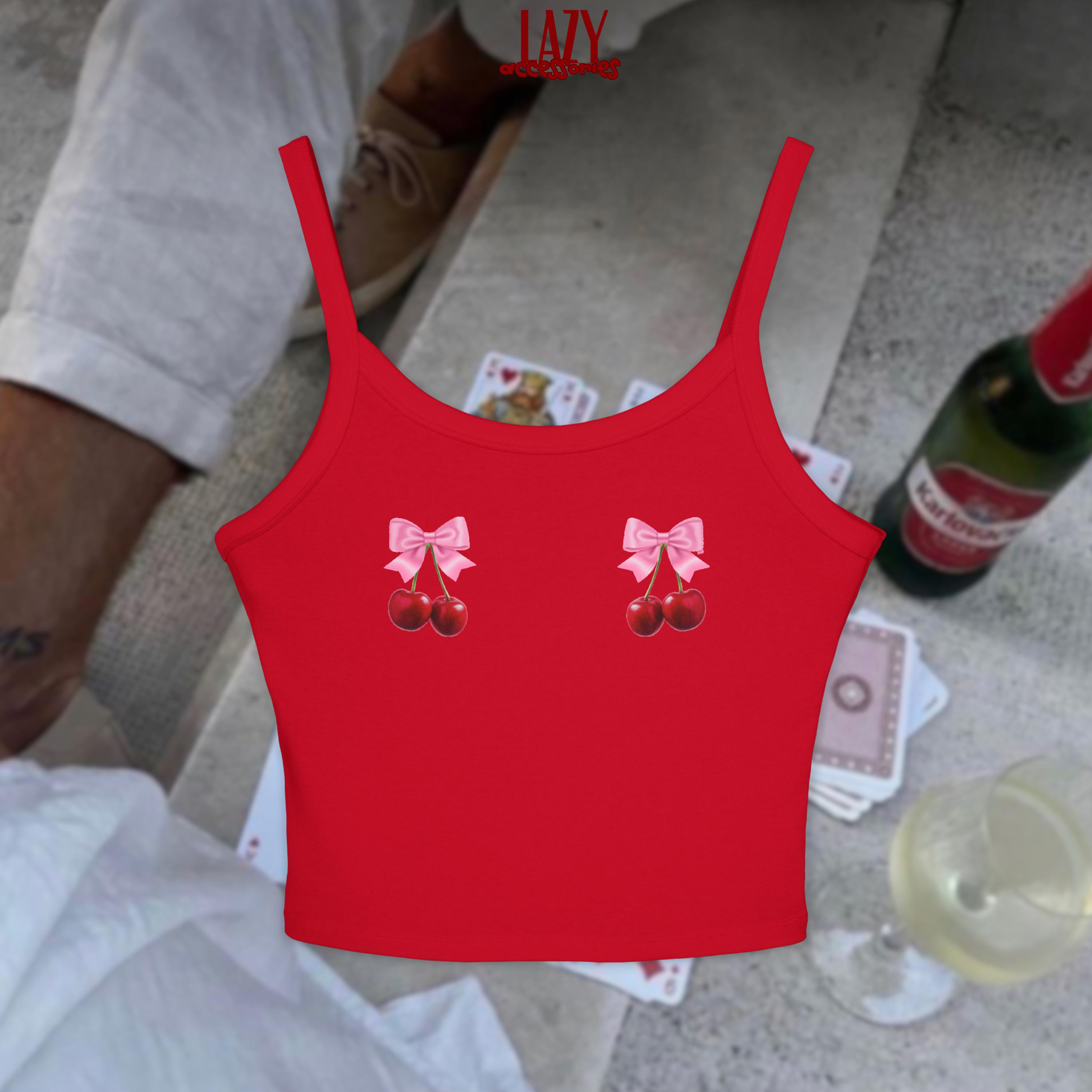 Cherries With Bows Spaghetti Strap Tank Top, Cherry Bow Crop Tank