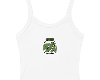 Camiseta sin mangas con cuello redondo y estampado de tarro de pepinillos bordado