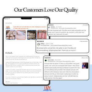 May include: A digital display showing customer reviews for Lazy Accessories. The screen features text titled Our Customers Love Our Quality, a founder introduction from Sarah, and three five-star reviews for a Fully Custom Personalized Boxy Jersey.