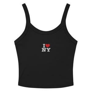 May include: Black crop top with thin straps. The top features the embroidered phrase "I ❤️ NY" in white letters with a red heart symbol. The top is made of a ribbed fabric.