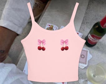 Cherries With Bows Spaghetti Strap Tank Top, Cherry Bow Crop Tank
