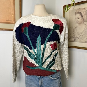 Vintage White Sweater Women&#39;s Medium Floral Knit Retro Cozy Pullover Long Sleeve | Knit Jumper | Small Knit Sweater Gifts For Her