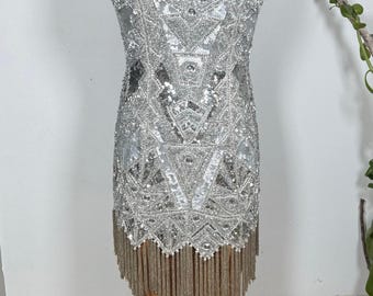 Vintage Silver Fringe Flapper Dress Oleg Cassini | 1920s Sequin Beaded Mini | Great Gatsby Inspired Party Dress | Cocktail Dress