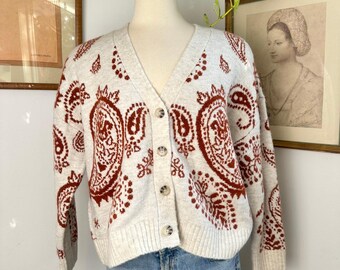 Vintage Paisley Cardigan: 80s Beige Floral Knit Sweater