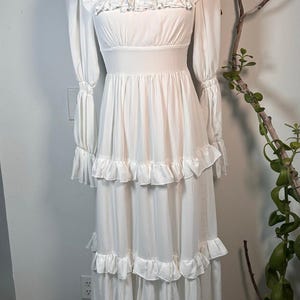 Vintage Victorian-Inspired White Long-Sleeved Dress with Lace Trim and Ruffles - Boho Chic Full-Length Gown | Vintage Gown | Gifts For Her