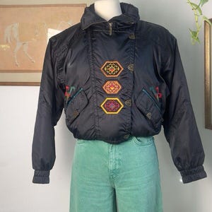 Vintage 80s Embroidered Nylon Bomber Jacket - Sky Jacket