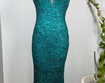 Vintage SCALA Sequin Gown – Silk Turquoise Dress – 80s Glam Old Hollywood Party