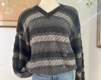 Jersey vintage de cuello en V a rayas: jersey de punto texturizado de los años 90