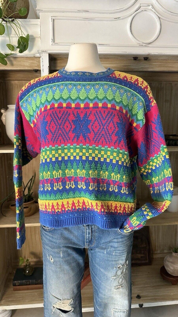 VINTAGE MULTICOLOR Pullover SWEATER Bold Retro Fair Isle