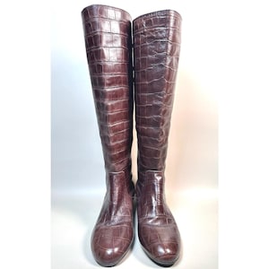 Vintage leren knielaarzen met krokodillenprint – rijkbruin, maat 6,5 | Handgemaakte bruine laarzen | Vintage bruine speciale laarzen uit de jaren 70