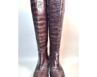 Vintage Croc-Embossed Leather Knee-High Boots - 1970s Brown Size 6.5