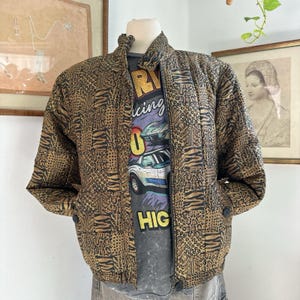 Vintage Silk Bomber Jacket: 90s Leopard Animal Print Outwear