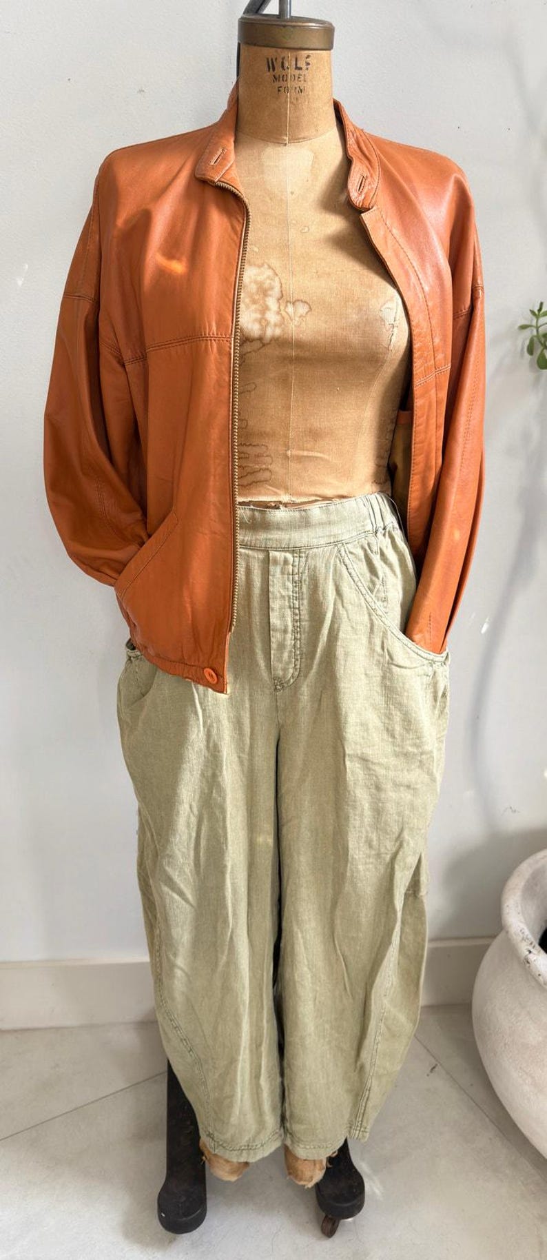 Free People Sage Green Linen Wide Leg Pants Size M Boho Relaxed Pocket Trousers image 1