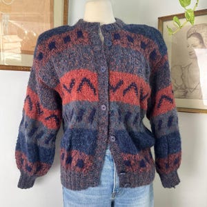 Vintage 80s Wool Knit Cardigan: Geometric Boho Sweater