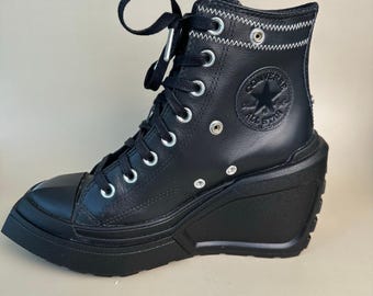 Black Leather Converse Platform Sneakers: Vintage Chuck Taylor High Tops size 6.5