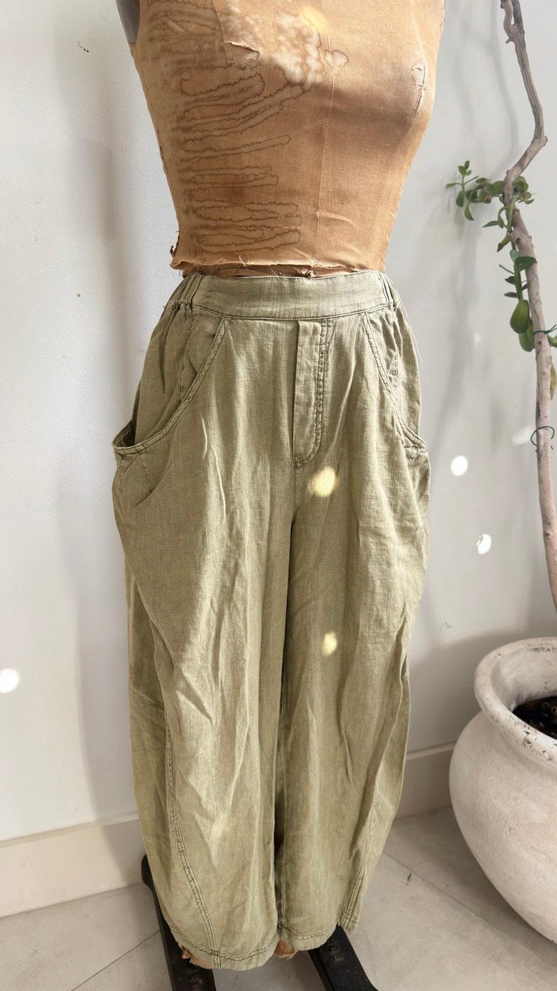 Free People Sage Green Linen Wide Leg Pants Size M Boho Relaxed Pocket Trousers image 2