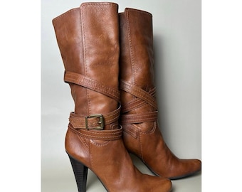 Vintage Brown Leather High-Heeled Boots: Retro Western Buckle Knee-High