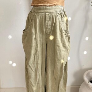 Free People Sage Green Linen Wide Leg Pants Size M Boho Relaxed Pocket Trousers image 4