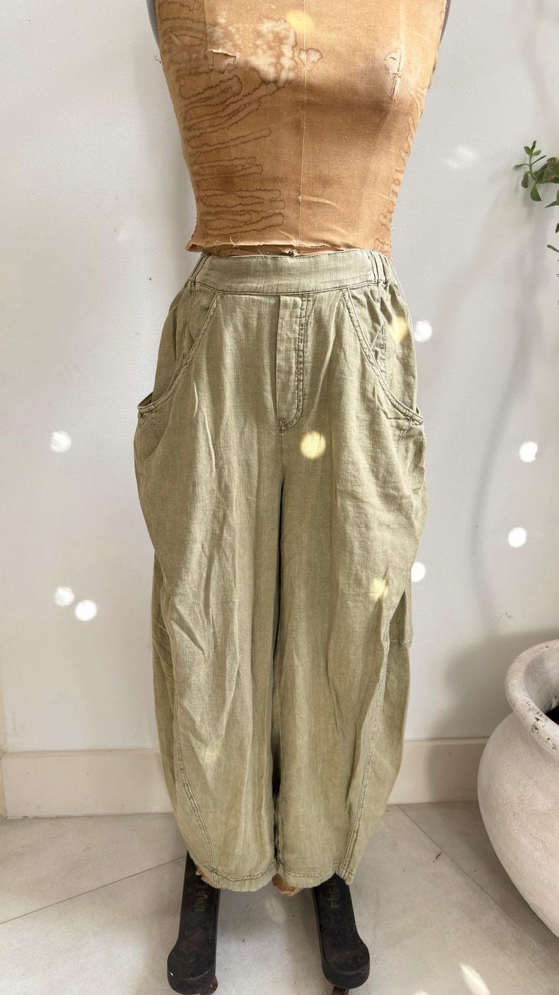 Free People Sage Green Linen Wide Leg Pants Size M Boho Relaxed Pocket Trousers image 4