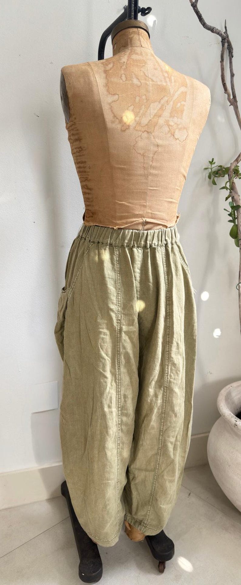 Free People Sage Green Linen Wide Leg Pants Size M Boho Relaxed Pocket Trousers image 5