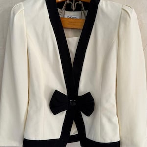 Vintage Kasper Black & White Blazer – Bow Front Detail – Size S – 80s Style Jacket
