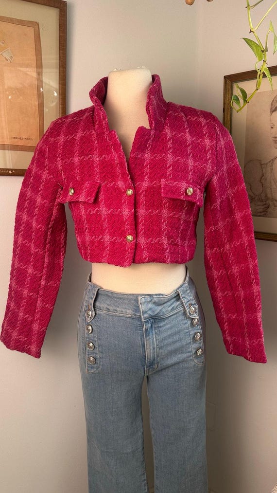 Vintage Pink Plaid Cropped Jacket Gold Button Detail