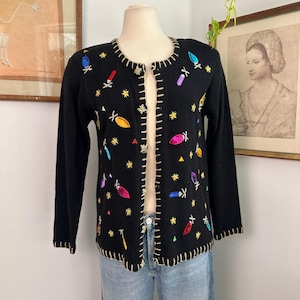 Vintage Christmas Cardigan Women&#39;s Small Black Beaded Embellishments Sweater | Festive Holiday Themed Cardigan | Christmas Gifts | Gifts
