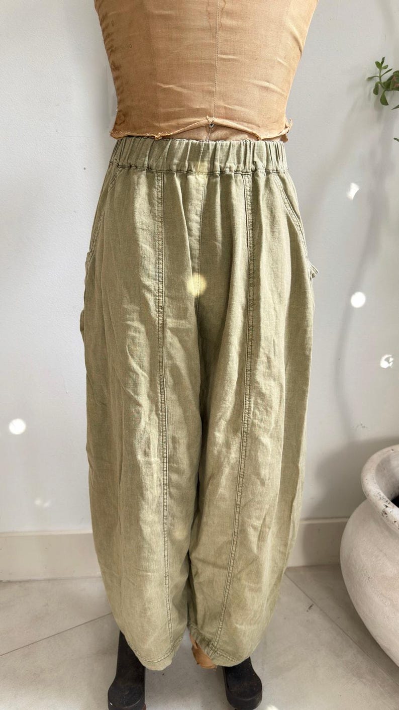 Free People Sage Green Linen Wide Leg Pants Size M Boho Relaxed Pocket Trousers image 6