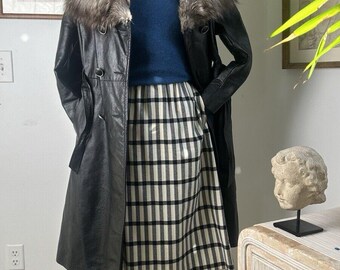 Vintage 1970s Black Leather Trench Coat: Genuine Fur Collar, Belted Waist