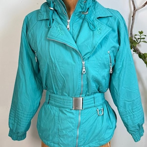 Teal Ski Jacket Belted | Vintage Snow Coat 80s | Retro Winter Outerwear Women