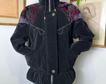 Vintage Black Velvet Floral Jacket - 80s Boho Coat Size M