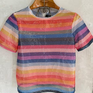 Rainbow Sequin Top Short Sleeve Colorful Party Shirt Glitter Festival Blouse Sparkly Pride Outfit Bright Fun Clothing
