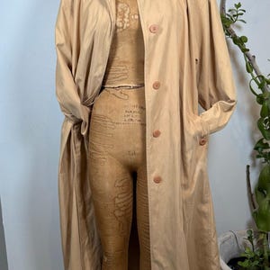 Vintage Beige Trench Coat Double Breasted Button Front 1970s Long Overcoat | Timeless Long Lightweight Jacket