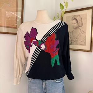 Vintage Bold Colorblock Sweater - Abstract Graphic Design, Size 16 Retro Pullover Sweater 1980s