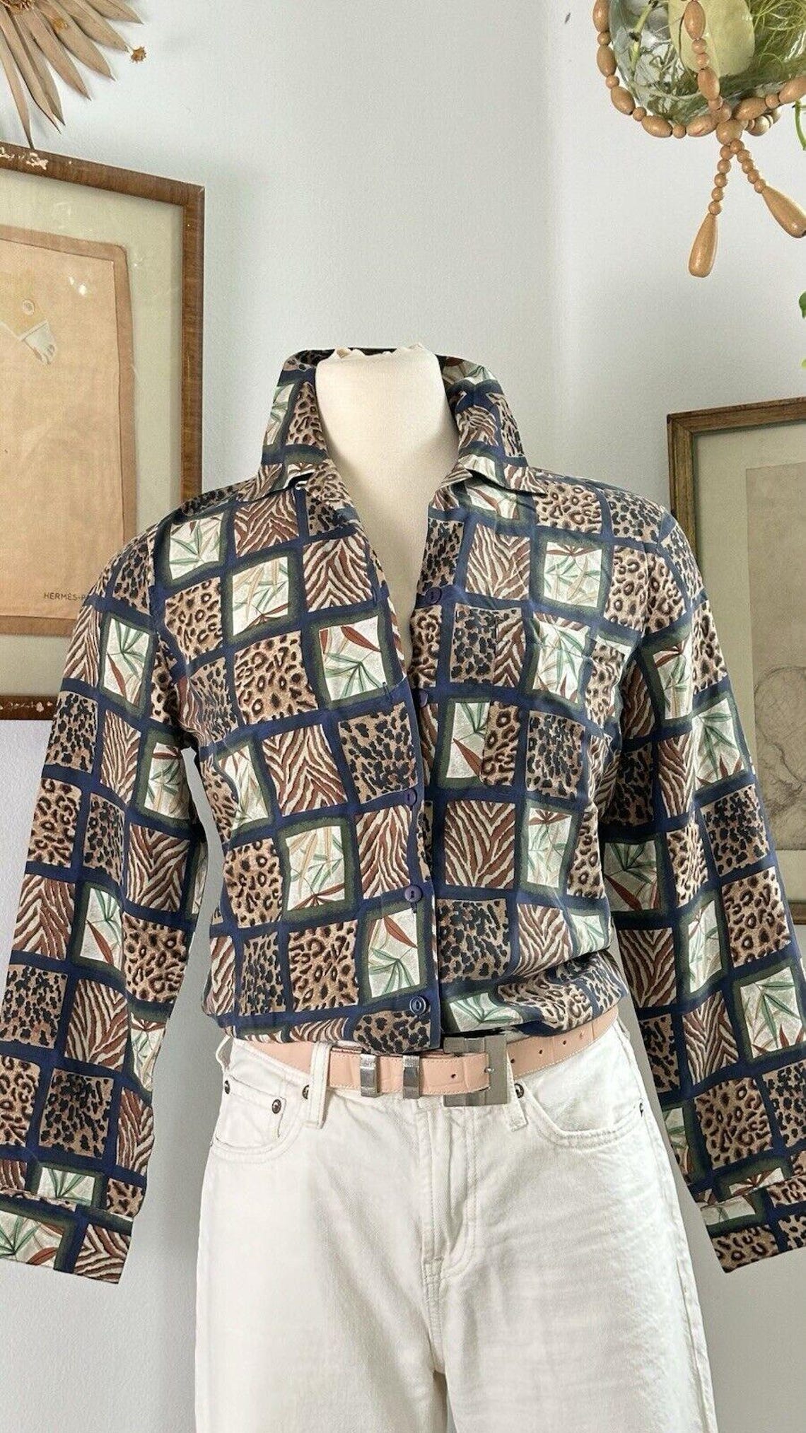 Vintage Silk Animal Print Blouse: 80s Retro Shirt, foto 2 di 5
