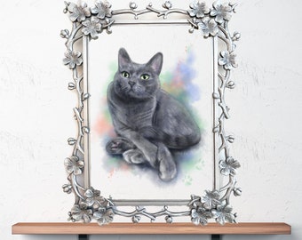 Russian Blue Cat Art, Gray Cat Gift, Grey Cat, Russian Blue Cat Gift, Shorthaired Gray Cat Picture, Gray Cat Pet Gift, Cherry Blossom Cat