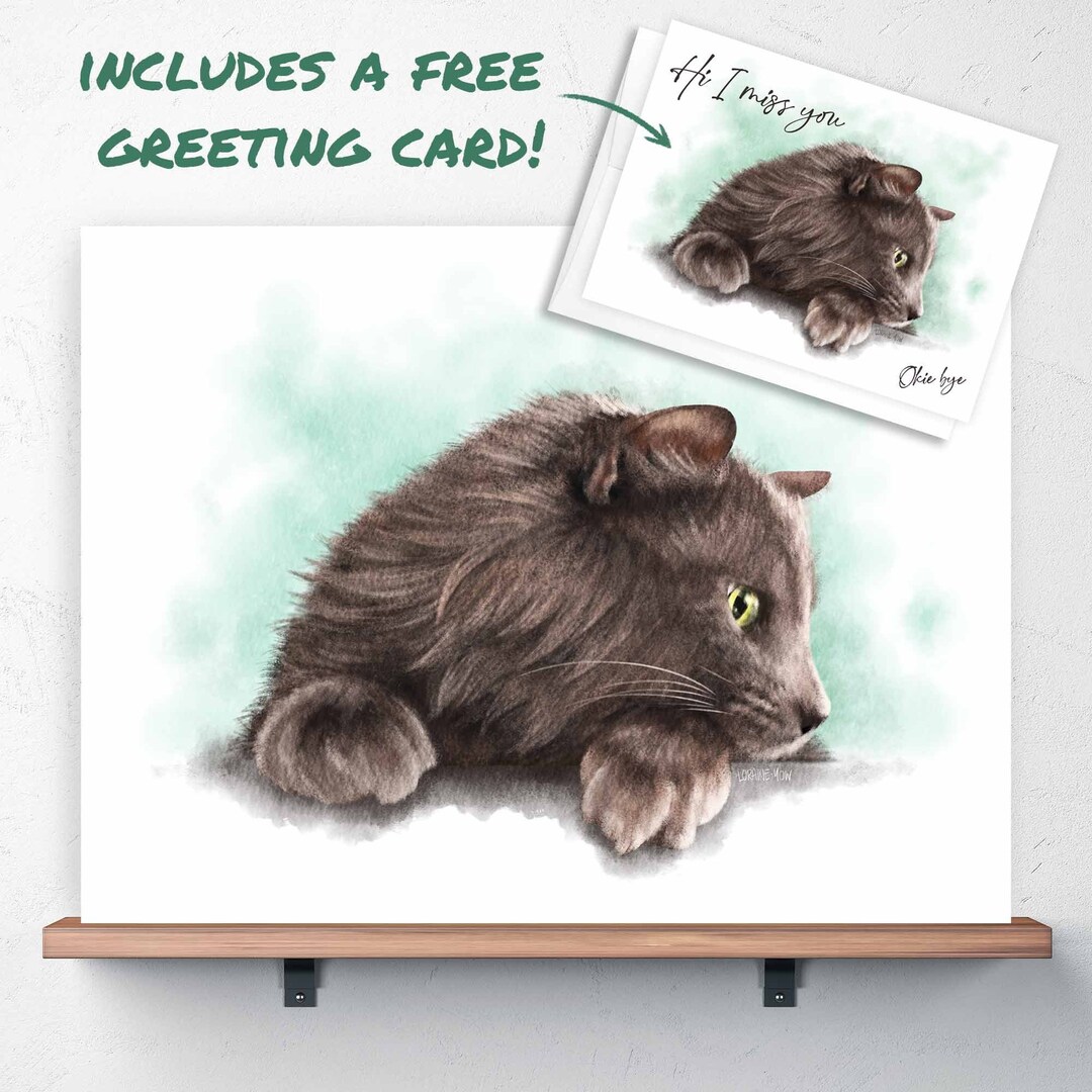 Gray Cat Art Print With Free Card, Gray Cat Portrait, Gray Nebelung