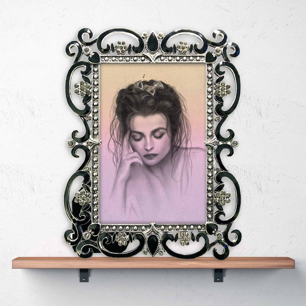 Framed Bellatrix Lestrange Art, Helena Bonham Carter Drawing in Darkly Jeweled Frame, Slytherin Gift, Witchy Gift, Helena Bonham Portrait