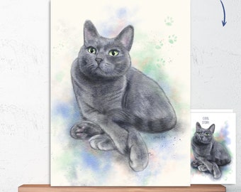 Russian Blue Cat Art Print, Gray Cat Art, Grey Cat Painting, Gray Cat Gift, Gray Cat Decor, Cat Gift, Watercolor Cat Art, Pet Memorial Gift