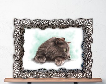 Framed Cat Art Gift, Gray Nebelung Cat Gift, Norwegian Forest Cat Painting, Cat Picture, Longhaired Gray Cat, Grey Cat Illustration