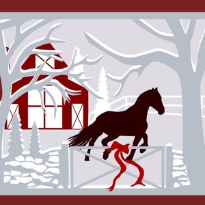 Horse barn scene in the snow svg, gsd, dxf file formats for a digital download file for  a Christmas Card or a tee shirt design