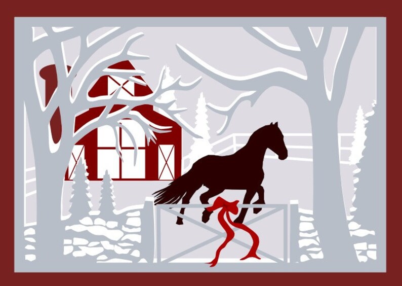 Horse barn scene in the snow svg, gsd, dxf file formats for a digital download file for a Christmas Card or a tee shirt design image 1