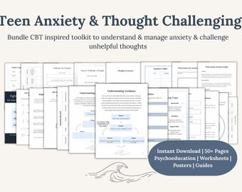 Pakiet dla nastolatków: lęk i trudności w myśleniu | Arkusze i przewodniki inspirowane terapią poznawczo-behawioralną | Materiały do druku dotyczące zdrowia psychicznego