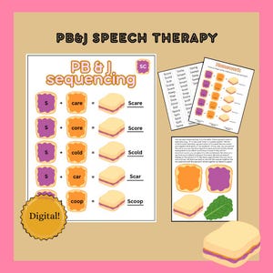 May include: A pink and tan educational graphic for speech therapy. The graphic includes a "PB&J Sequencing" chart with word combinations, a "Homework" sheet, and a "Digital!" sticker. The theme is peanut butter and jelly sandwiches.